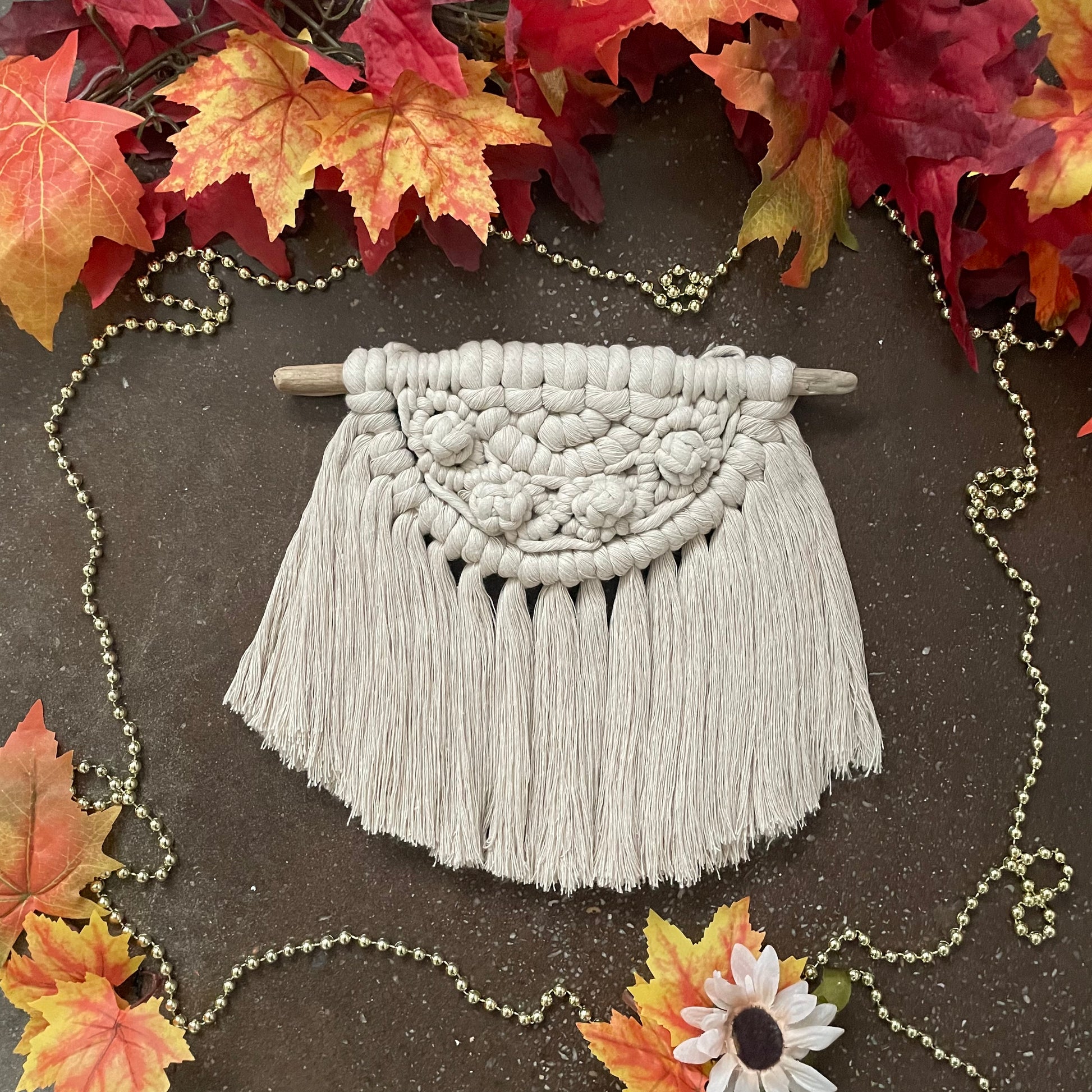 Sweater Weather Macramé Wall Hanging Beige On Cement With Leaves