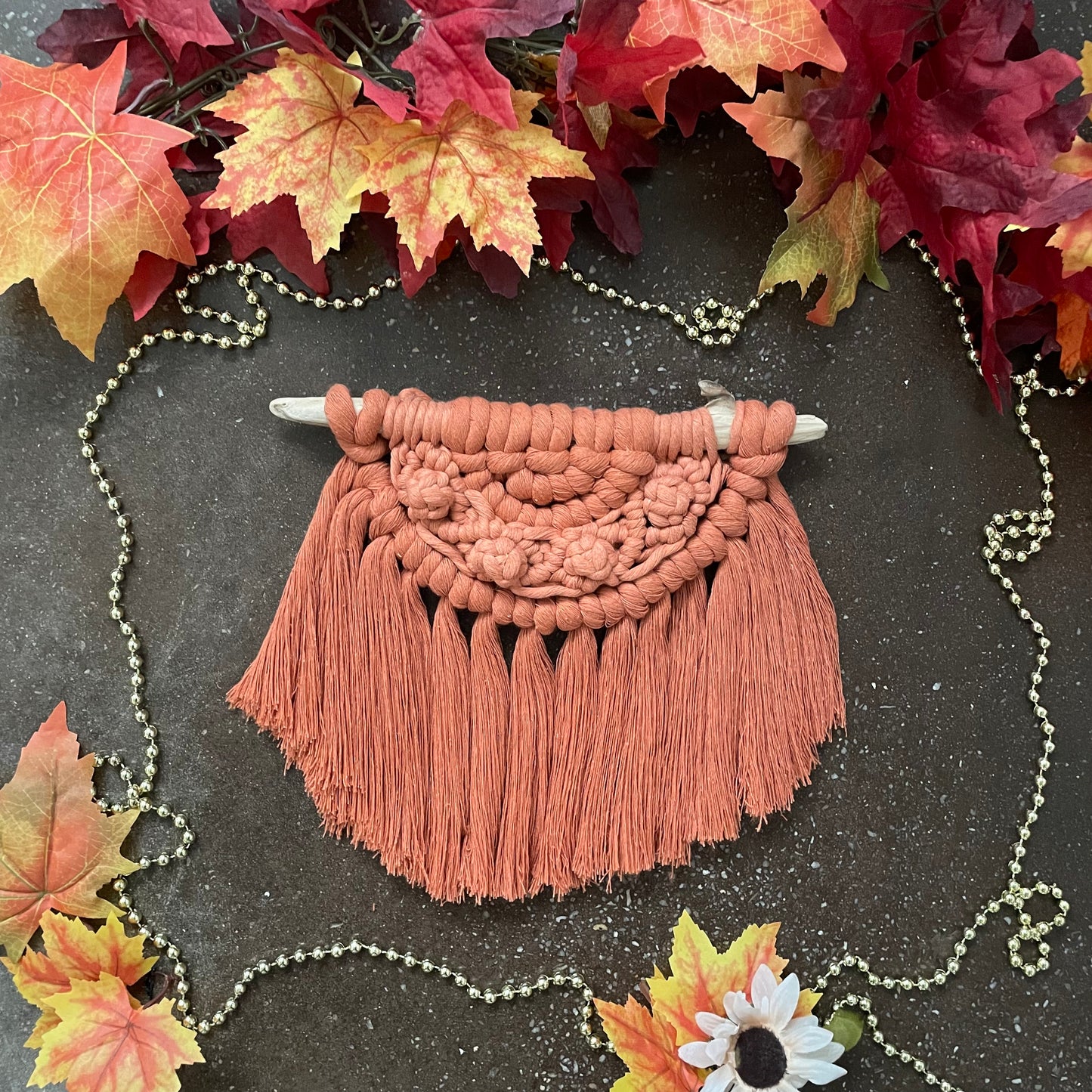 Sweater Weather Macramé Wall Hanging Terracotta On Cement With Leaves