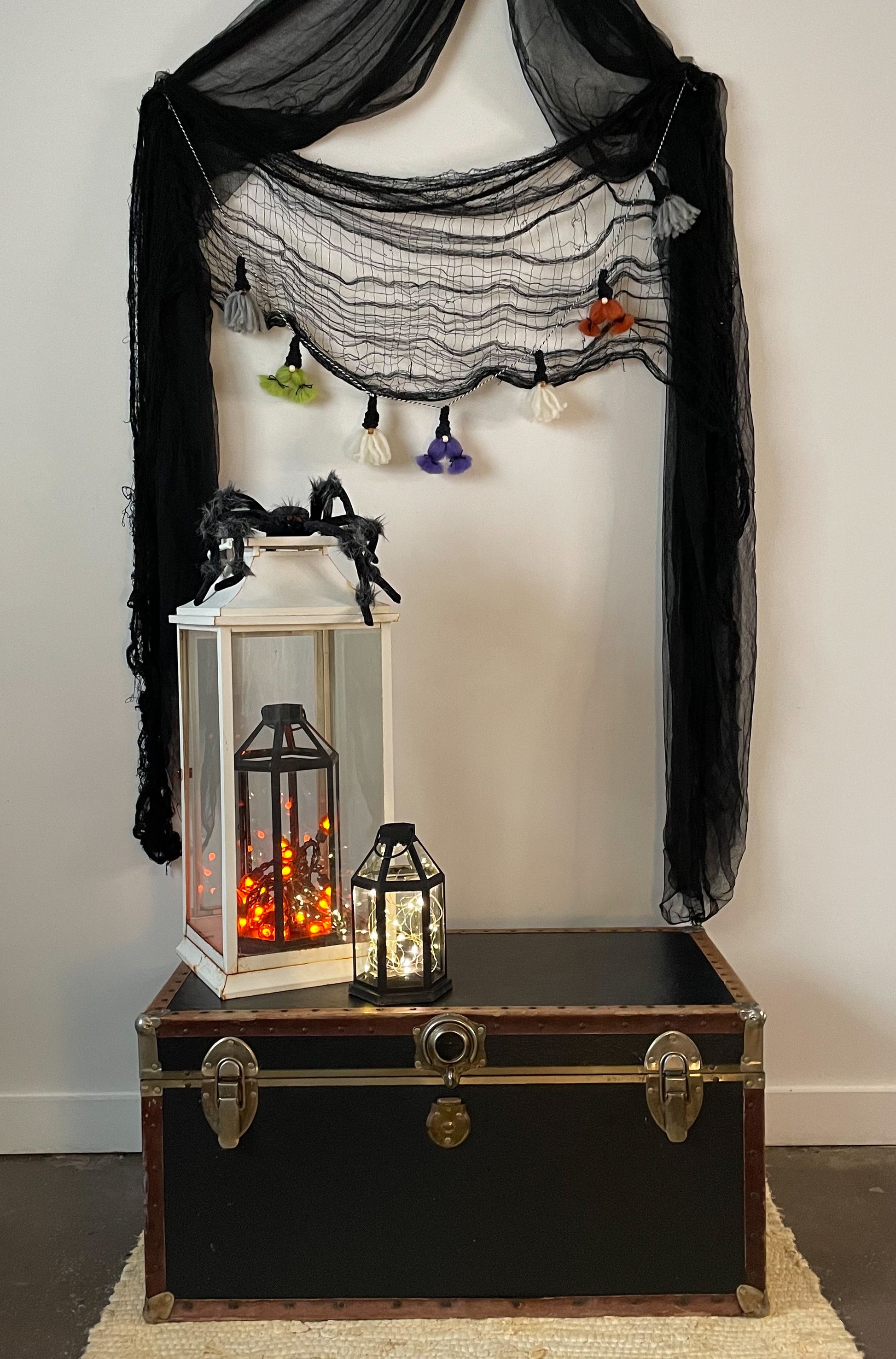 Halloween Witch Gnome Garland on white wall with decor