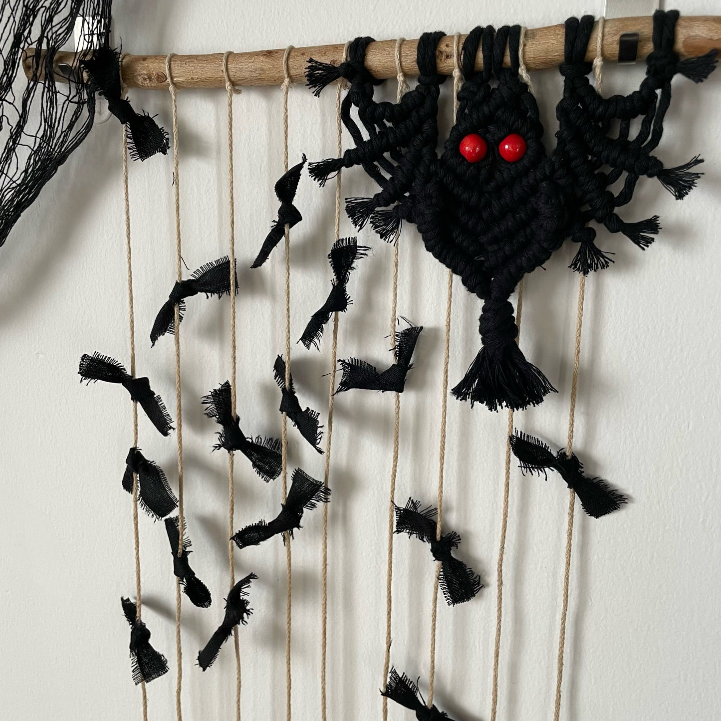 Close up of "Imminent" Bats Macramé Wall Hanging